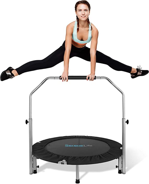 SereneLife Portable & Foldable Trampoline - 40" in-Home Mini Rebounder with Adjustable Handrail, Fitness Body Exercise