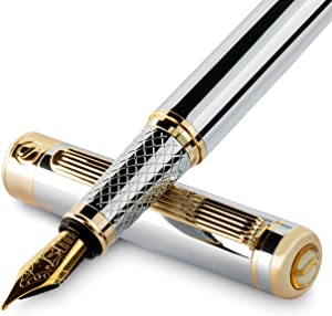 Scriveiner Silver Chrome Fountain Pen - Stunning Luxury Pen with 24K Gold Finish, Schmidt 18K Gilded Nib (Medium), Best Pen Gift Set for Men & Women, Professional, Executive Office, Nice Designer Pens