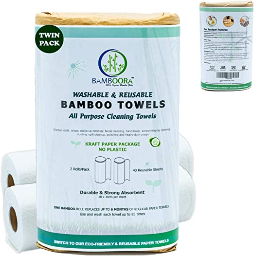 Bamboora Pack of 2 Reusable Bamboo Paper Towels - Lint free, Zero Waste, Recyclable, Eco Friendly Paper Towels, 2x 40 Organic Washable Rolls