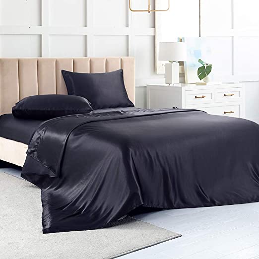 Luxbedding Satin Bed Sheet, Full Size Sheet-Black Sheets for Full Mattress-4 Pcs Silky Bed Sheet Set with 1 Deep Pocket Fitted Sheet,1 Flat Sheet,2 Pillowcases