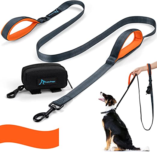 PuppyDoggy Dog Leash for Large Medium Dogs 6 ft Reflective Stitching Large Leash with 2 Traffic Padded Handles & Waste Poop Bag Holder Running Walking Training (Orange)