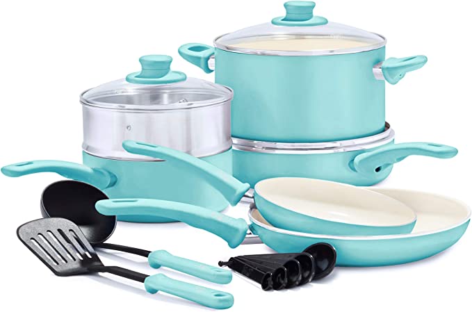 GreenLife Soft Grip Ceramic Nonstick 12 Piece Cookware Pots and Pans Set, Turquoise