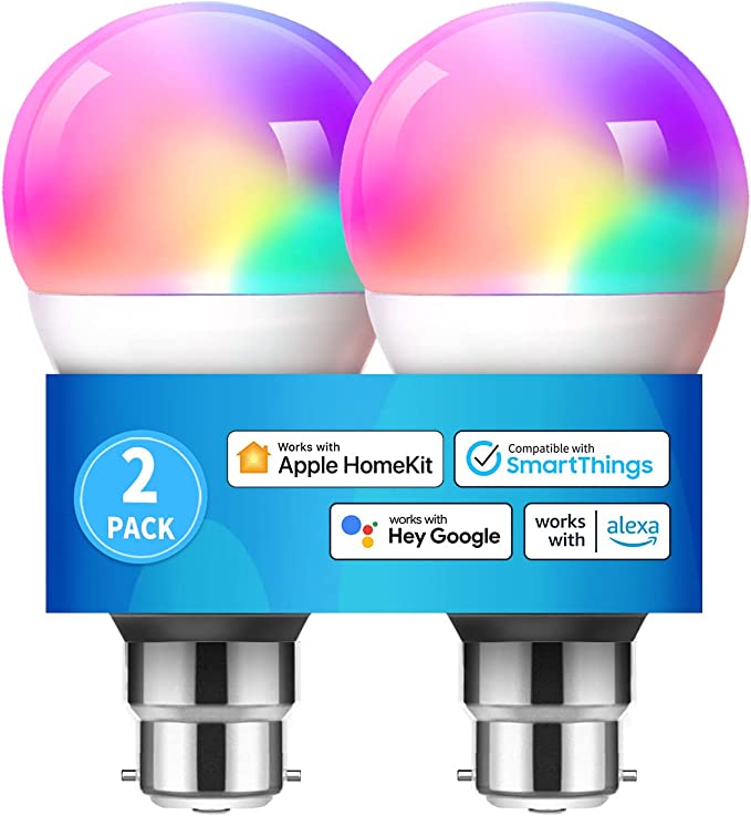 meross Smart Bulb Light Bulb B22 Compatible with HomeKit Siri, Alexa, Google Home, Voice Control Dimmable Multicolor LED Light Bulb Equivalent 60W 2 Pack