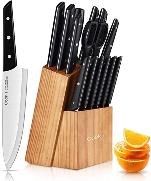 Knife Sets with Block, 15-Piece Kitchen Knife Set with Sharpener, Germany Stainless Steel Knife Block Set and Serrated Steak Knives