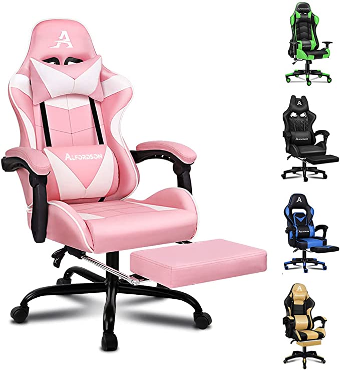 ALFORDSON Gaming Chair Racing Ergonomic Office Chair with Extra Large Lumbar Cushion Leather Swivel Home Desk Computer Chair with Footrest Executive Task Chair Recliner E-Sport Chair (Pink)