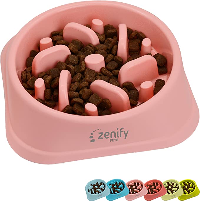 Zenify Dog Bowl Slow Feeder - Large 500ml Healthy Eating Pet Interactive Feeder with Anti-Skid Non-Slip Grip Base to reduce Overeating Bloating Vomiting Obesity for Wet Dry Raw Food and Water (Light Pink)