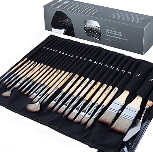 ARTIFY 24 pcs Paint Brush Set, Expert Series, Enhanced Synthetic Brush Set with Canvas Roll and Palette Knife for Acrylic Oil Watercolor Gouache(Birch)