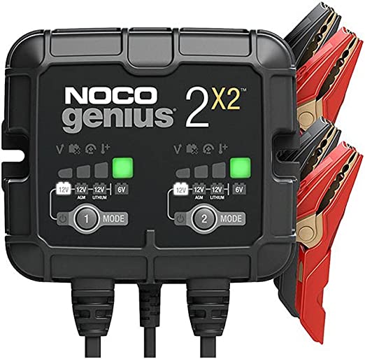 NOCO GENIUS2X2, 2-Bank, 4A (2A/Bank) Fully-Automatic Smart Charger, 6V and 12V Automotive Car Battery Charger, Battery Maintainer, Trickle Charger and Battery Desulfator with Temperature Compensation