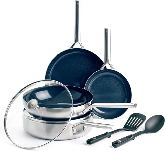 Blue Diamond Cookware Tri-Ply Stainless Steel Ceramic Nonstick, 7 Piece Cookware Pots and Pans Set, PFAS-Free, Multi Clad, Induction, Dishwasher Safe, Oven Safe, Silver