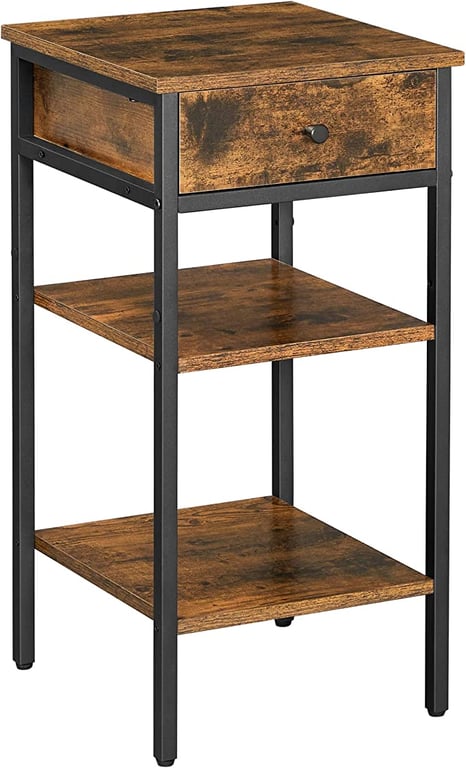 Vasagle Nightstand, End Table, Tall Bedside Table with a Drawer and 2 Storage Shelves, Space Saving, Industrial Accent Table, Rustic Brown and Black