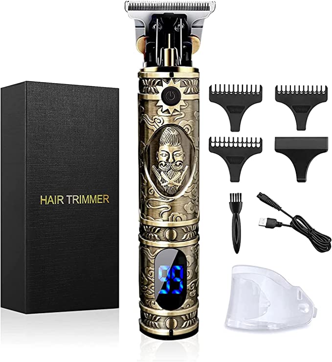 Hair Clippers for Men, Professional Hair Trimmer Zero Gapped T-Blade Trimmer Cordless Rechargeable Edgers Clippers Electric Beard Trimmer Shaver Hair Cutting Kit with LCD Display (Golden)