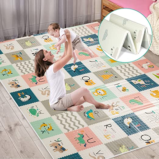 FLAGAV Baby Play Mat, 79x71x0.6 Inch Extra Large Folding Baby Crawling Mat, Waterproof Reversible Foam Playmat Non Toxic Anti-Slip Portable Kids Play Mat for Infant, Toddler