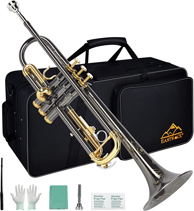 EASTROCK Bb Trumpet Nickel Engraved Standard Trumpet Instrument with Carrying Case,Gloves, 7C Mouthpiece and Cleaning Kit