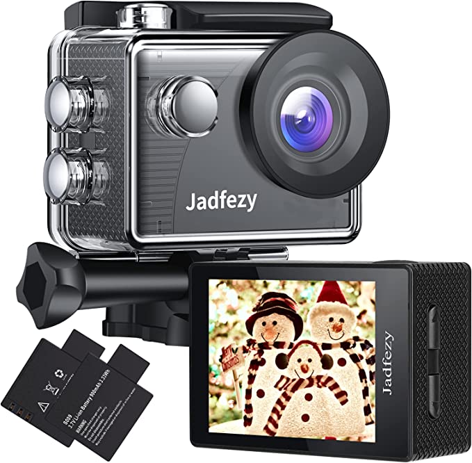 Jadfezy Action Camera 1080P Waterproof Camera Underwater 40M with EIS Two 900mAh Rechargeable Batteries 140 Degree Wide Angle and Accessories Kit