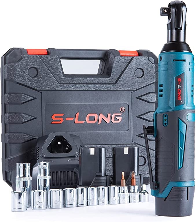 S-LONG Cordless Electric Ratchet Wrench Set, 3/8" 400 RPM 12V Power Electric Ratchet Driver with 12 Sockets, Two 2000mAh Lithium-Ion Batteries and 60-Min Fast Charge