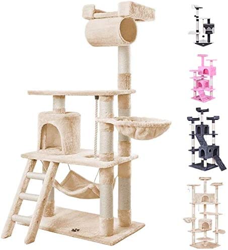 BEASTIE Cat Tree 140cm Beige Multi-Level Scratching Post Scratcher Tower Condo House Furniture Wood Tall Beige Colour