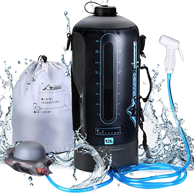 WADEO Camping Shower, 3 Gallons 12L Portable Outdoor Camp Shower Bag Solar Shower with Pressure Foot Pump & Shower Nozzle for Beach Swim Travel Hiking