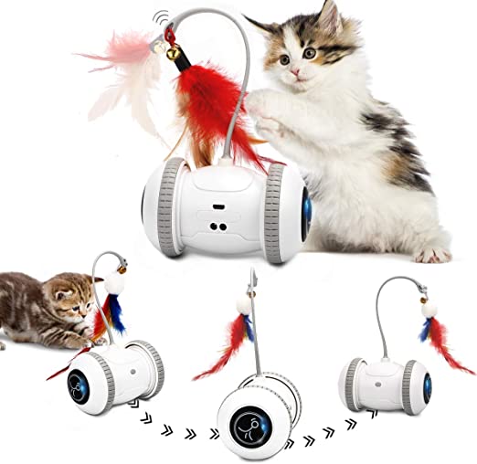 Nueplay Cat Toys Robotic Interactive Indoor Electronic Toys with LED Light 360 Degree Rotation Sensor Mode Freestyle Mode USB Rechargeable Battery Balls Toys for Pets Kitten Kitty Bonus 2 Feathers