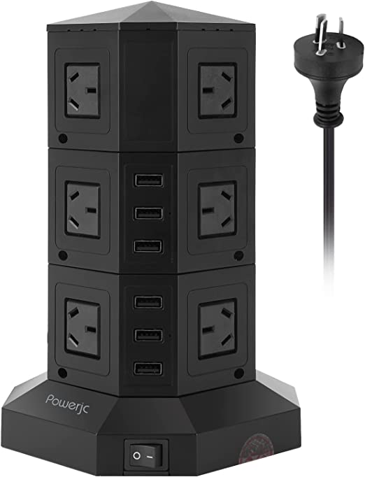 Tower Power Strip USB Surge Protector Socket 12 AC Outlets with 6 USB Ports Chargers 2M Long Extension Cord SAA Certified Black-Powerjc