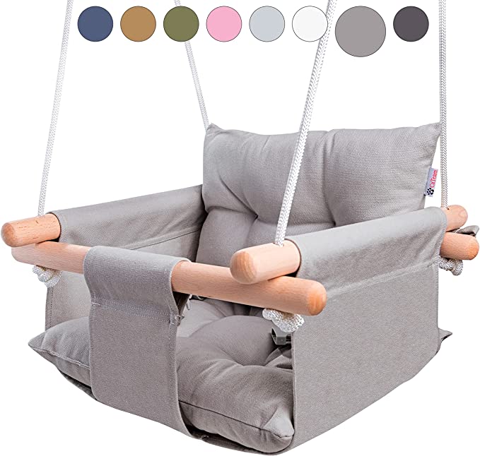 Canvas Baby Swing by Cateam - Taupe Gray - Wooden Hanging Swing Seat Chair for Baby with Safety Belt and mounting Hardware. Baby Hammock Chair Birthday Gift.
