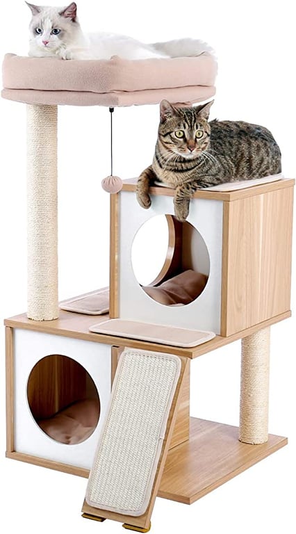 PAWZ Road Cat Tree 35 Inches Wooden Cat Tower with Double Condos, Spacious Perch, Fully Wrapped Scratching Sisal Posts and Replaceable Dangling Balls-Walnut