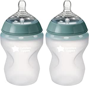 Tommee Tippee Closer to Nature Soft Feel Silicone Baby Bottles, Slow Flow Breast-Like Teat with Anti-Colic Valve, Stain and Odour Resistant, 260ml, Pack of 2, 0 Months+