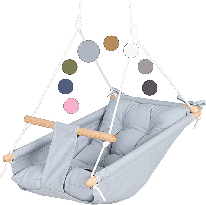 Canvas Baby Hammock Swing by Cateam - Gray - Wooden Hanging Swing Seat Chair for Baby with Safety Belt and mounting Hardware. Baby Hammock Chair Birthday Gift.