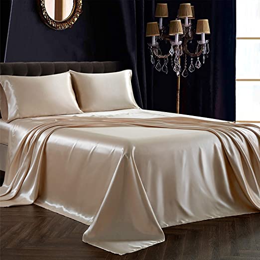 SiinvdaBZX 4Pcs Satin Sheet Set Queen Size Ultra Silky Soft Beige Satin Queen Bed Sheets with Deep Pocket, 1 Fitted Sheet, 1 Flat Sheet , 2 Envelope Closure Pillowcases