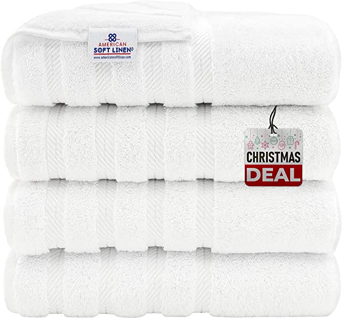 American Soft Linen 4 Piece Bath Towel Set, 100% Turkish Cotton Bath Towels for Bathroom, 27x54 in Extra Large Bath Towels 4-Pack, Bathroom Shower Towels , White Bath Towels