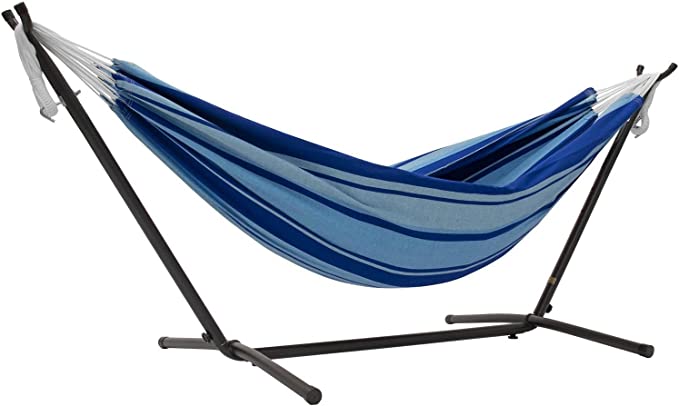 Vivere UHSDO9-39 Double Cotton Hammock with Space Saving Steel Stand, 450 lb Capacity- Premium Carry Bag Included, Island Breeze