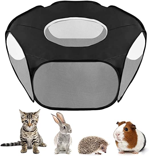 SlowTon Small Animal Playpen, Foldable Pet Cage with Top Cover Anti Escape, Breathable Transparent Indoor/Outdoor Use Pop Up Yard Fence for Kitten, Puppy, Guinea Pig, Rabbits, Hamster (Black)