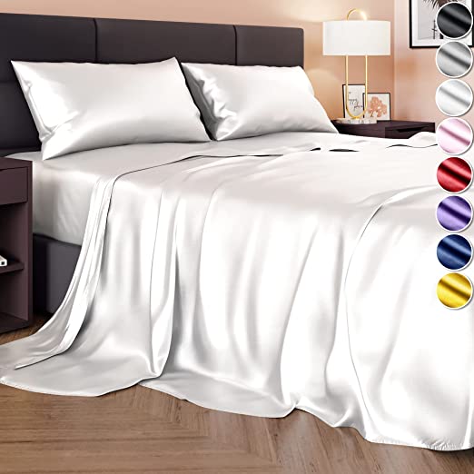 DECOLURE Satin Sheet Queen Set 4pcs - Luxurious & Genuine Silk Feel Satin Sheets Queen - Elegant & All-Season Silky Soft Queen Size Satin Bed Sheets - Comfy & Wrinkle-Free White Satin Bed Set (White)
