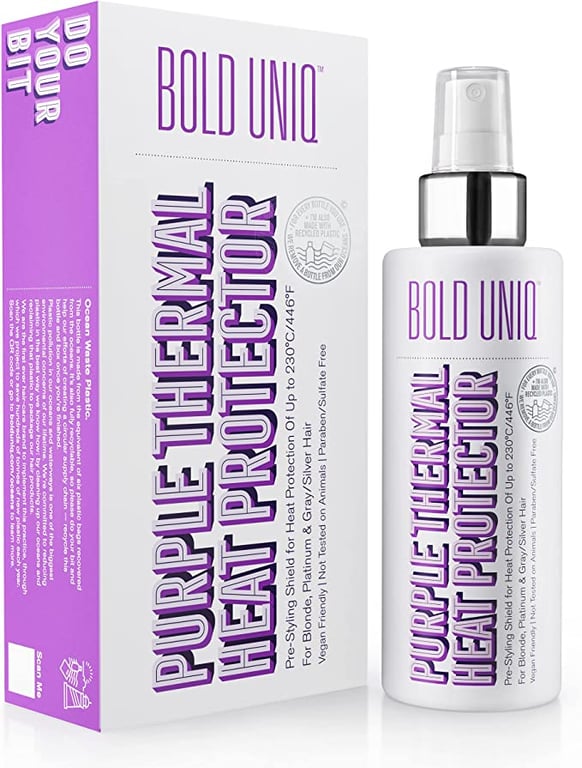 Heat Protectant Spray Formulated For Blonde, Platinum, Ash & Silver/Gray Hair. Thermal Shield Protection Professional Formula Minimises Brassy Yellow Tones. Protects Dry, Damaged, Frizzy & Curly Hair. PETA Approved Cruelty-free & 100% Vegan