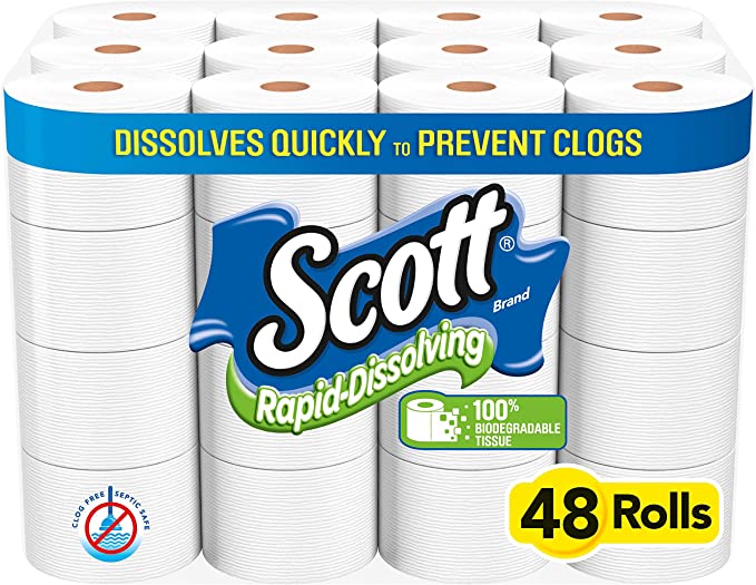 Scott Rapid-Dissolving Toilet Paper, 48 Double Rolls (6 Packs of 8) = 96 Regular Rolls, 231 Sheets Per Rolls, Made for RVs and Boats