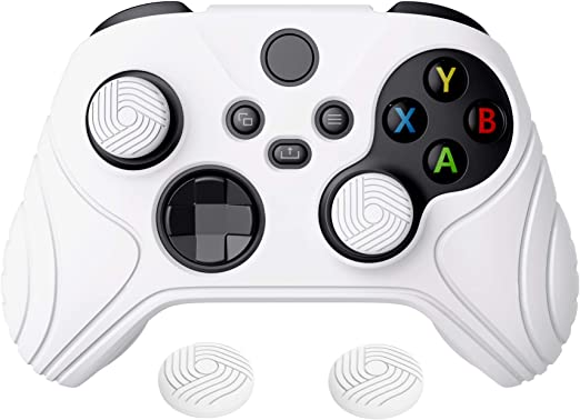 eXtremeRate PlayVital Samurai Edition White Anti-Slip Controller Grip Silicone Skin, Ergonomic Soft Rubber Protective Case Cover for Xbox Series S/X Controller Model 1914 with White Thumb Stick Caps
