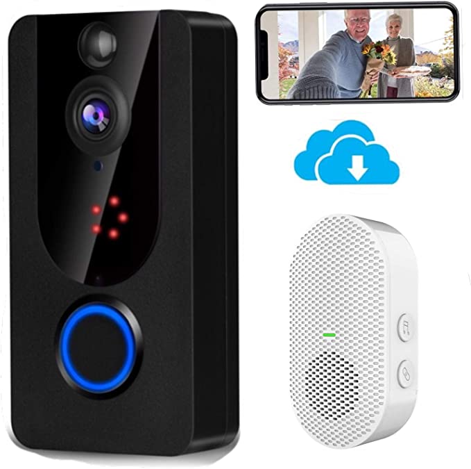 Wireless Doorbell Camera 1080P with Chime, Video Doorbell Camera with PIR Motion Detection, Wi-Fi Smart Door Bell with Cloud Service, IP65 Waterproof, 2-Way Audio, Clear Night Vision, 166° Wide Angle