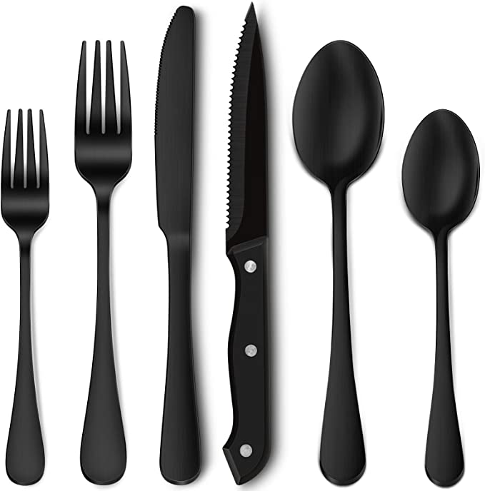 Hiware 24 Pieces Matte Black Silverware Set with Steak Knives for 4, Stainless Steel Flatware Cutlery Set, Hand Wash Recommended