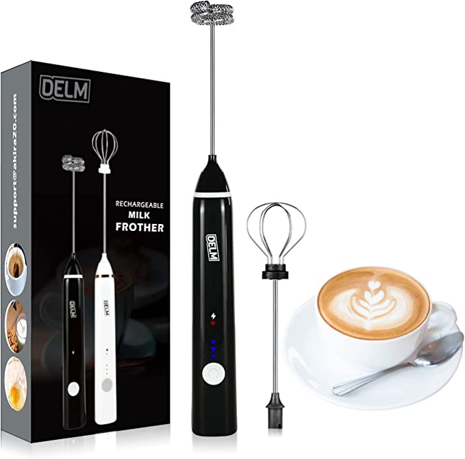 DELM Rechargeable Milk Frother Handheld Foam Maker with Stainless Whisk for Cappuccino, Latte, Bulletproof Coffee, Keto Diet, Protein Powder, Matcha