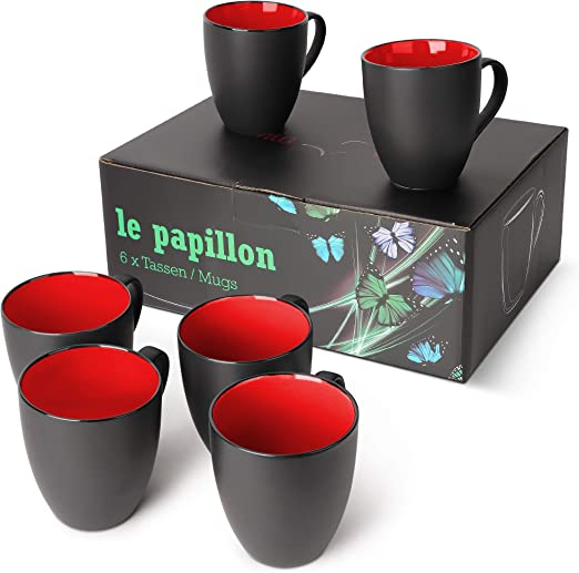 MIAMIO - 6 x 350 ml Stoneware Coffee Mug/Cup Set - Le Papillon Collection (Black-Red)