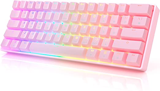 HK GAMING GK61 Mechanical Gaming Keyboard 60 Percent | 61 RGB Rainbow LED Backlit Programmable Keys | USB Wired | for Mac and Windows PC | Hotswap Gateron Optical Red Switches | Pink
