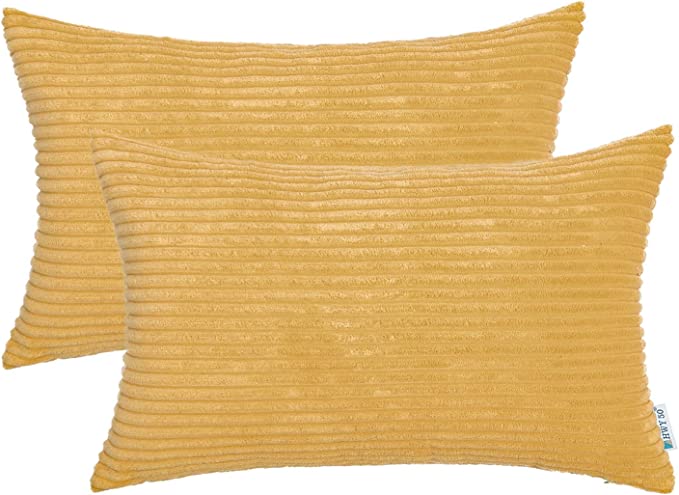 HWY 50 Yellow Throw Pillow Cover 12x20 inch, for Couch Bed Bedroom, Corduroy Soft Cozy Solid Rectangle Cushion Covers Cases Set, Pack of 2, Mustard Striped Decorative