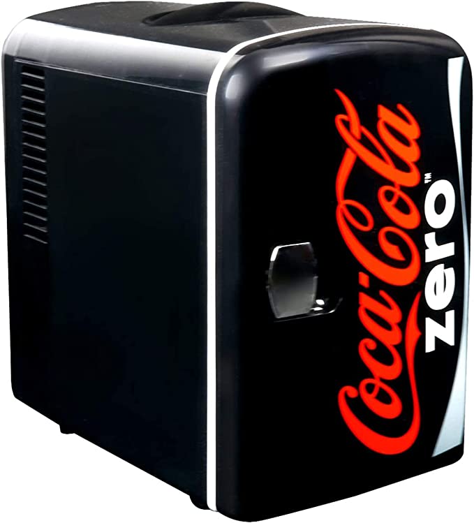 Coca-Cola Coke Zero 4L 6 Can Portable Cooler/Warmer,Compact Personal Travel Mini Fridge for Snacks Lunch Drinks Cosmetic,Includes 12V and AC Cords,Desk Accessory for Home Office Dorm Car Boat (Black)