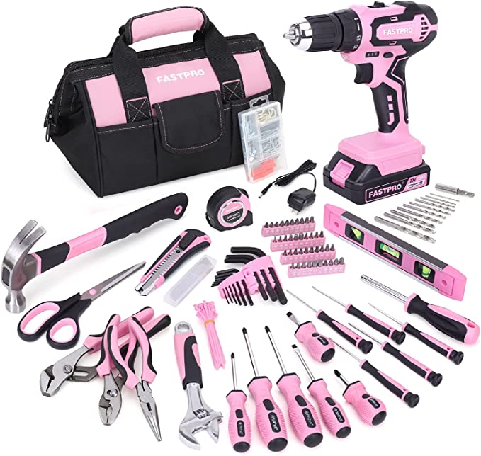 FASTPRO 232-Piece 20V Pink Cordless Lithium-ion Drill Driver and Home Tool Set, Lady's Home Repairing Tool Kit with 12-Inch Wide Mouth Open Storage Tool Bag
