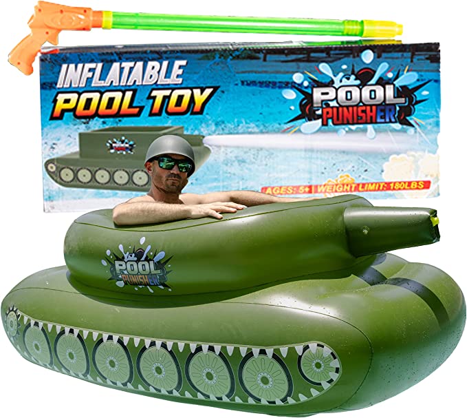 Pool Punisher Inflatable Toy Tank with Squirt Gun- Swimming Accessories for Kids, Teens and Adults - Giant Size Outdoor Water Toys for Lakes and Beach - Swim Stuff for Summer