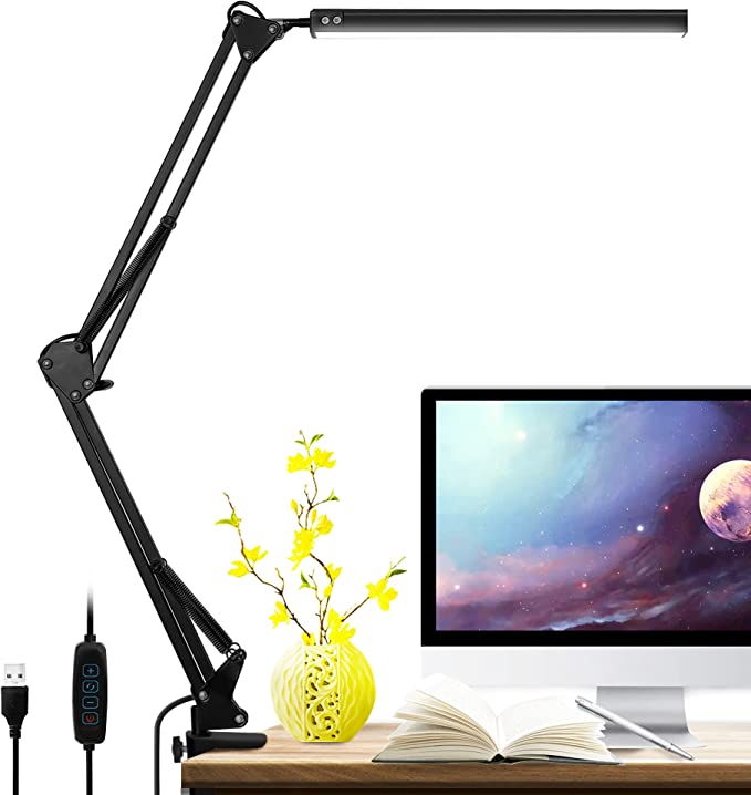 VEHHE LED Desk Lamp,Eye-Caring Metal Swing Arm Desk Lamp with Clamp, 3 Modes Desk Light with Memory Function/USB Adapter, Architect Table Desk Lamps for Home Office