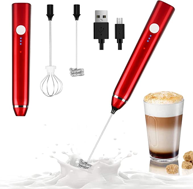 Milk Frother Handheld, Dallfoll USB Rechargeable Electric Foam Maker for Coffee, 3 Speeds Mini Milk Foamer Drink Mixer with 2 Whisks for Bulletproof Coffee Keto Frappe Latte Cappuccino (Red)