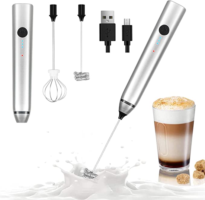 Milk Frother Handheld, Dallfoll USB Rechargeable Electric Foam Maker for Coffee, 3 Speeds Mini Milk Foamer Drink Mixer with 2 Whisks for Bulletproof Coffee Frappe Latte Cappuccino Hot Chocolate-Silver