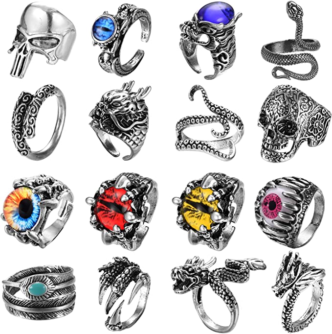 FIBO STEEL 16 Pieces Vintage Punk Rings for Men Women Gothic Rings Silver Black Dragon Snake Claw Skull Octopus Eyes of Hell Open Adjustable Rings Set