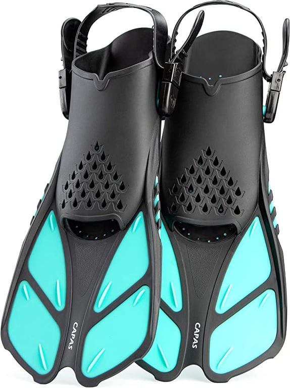 CAPAS Swim Fins, Snorkel Fins with Travel Size Short Fins for Snorkeling Diving Adjustable Open Heel Flippers for Men Women Youth