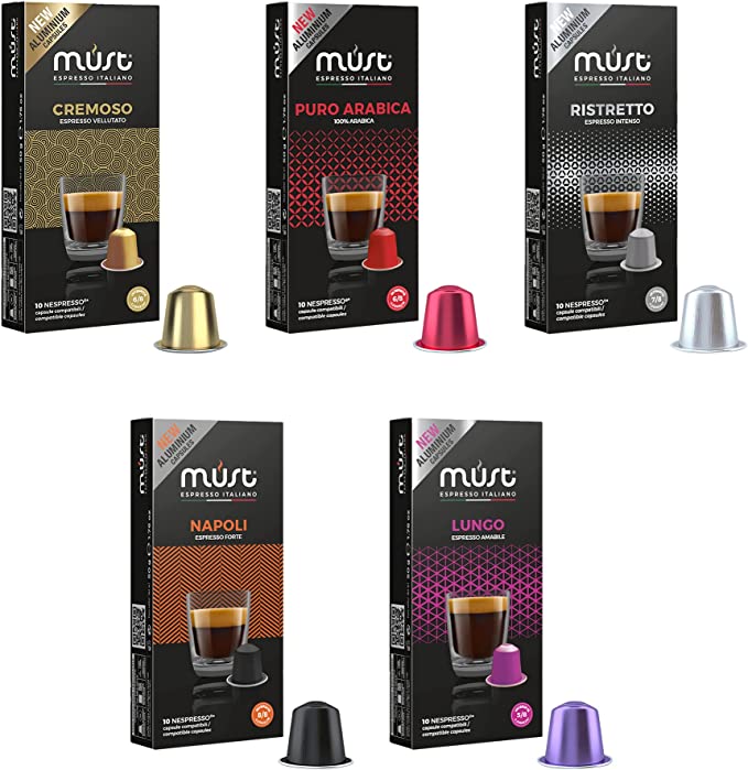 MUST Nespresso Compatible Coffee Capsules Variety Coffee Selection 50 ( 5 Packs X 10 Pods) Aluminium Capsules, Made in Italy